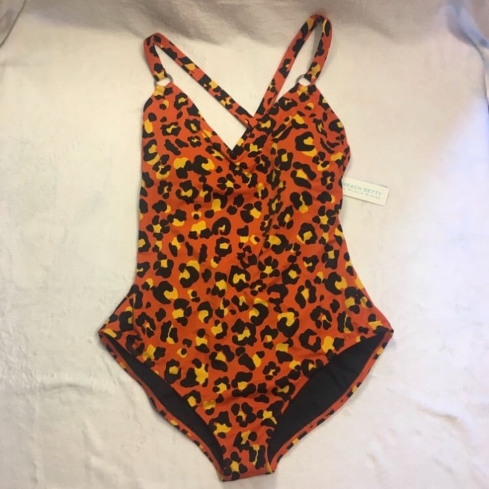 Beach Betty Swimsuit Women XL Orange Leopard Print NWT One Piece V-Neck 674420